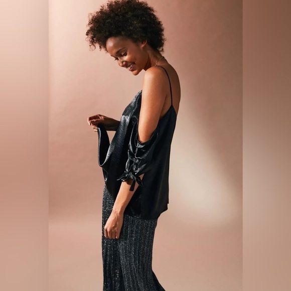 UO Silence + Noise Blue Shiny Cold Shoulder Tie Top - Picture 12 of 14